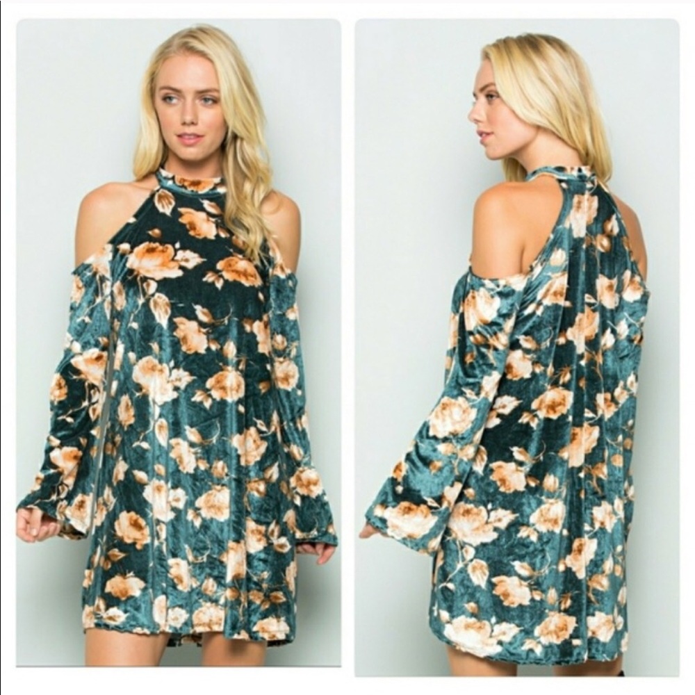 Floral Velvet Cold Shoulder Dress